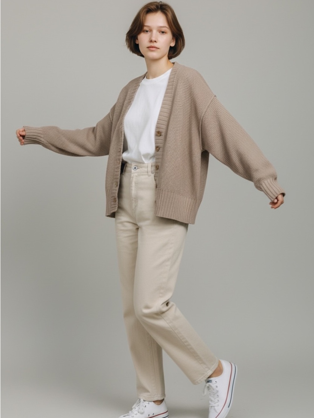 Free People Beach Oversized Taupe Button-Front Cardigan Sweater 100% Cotton